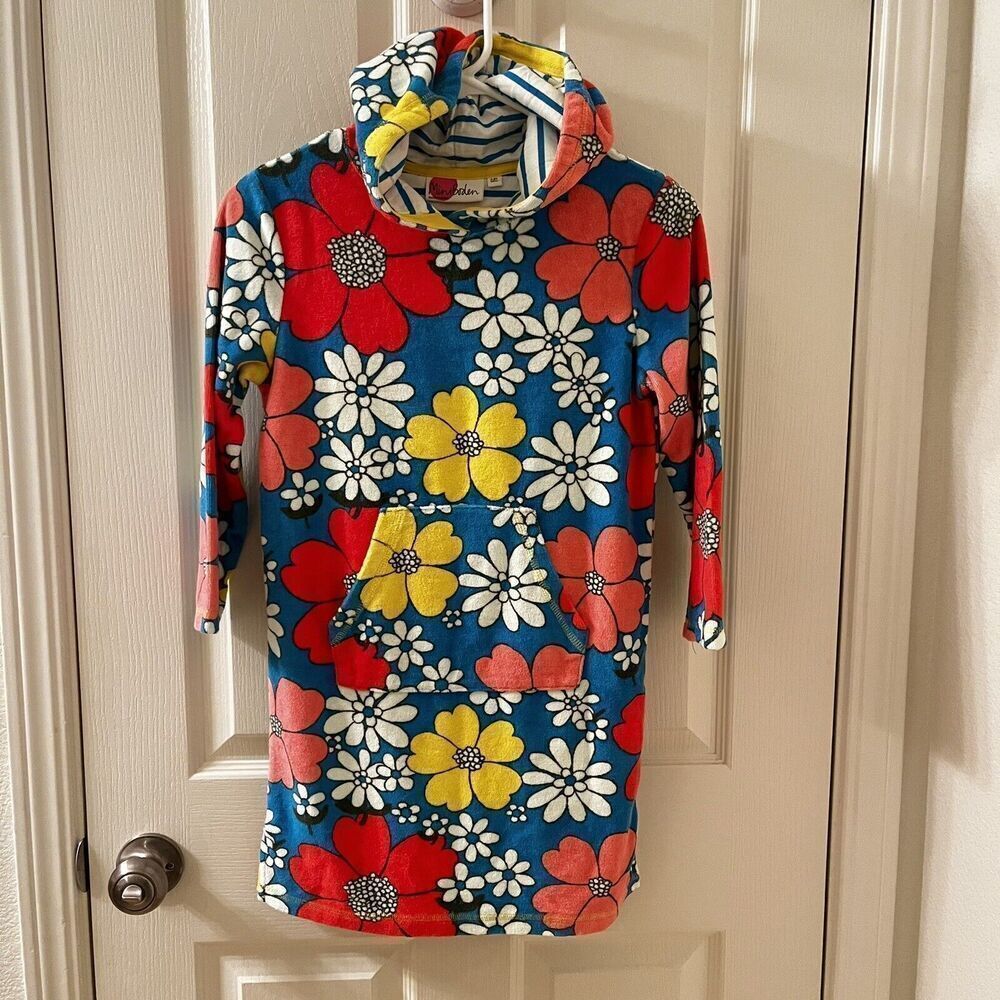 Mini Boden Blue Floral Swim Dress Cover Up Towelling Terry Hooded Girls Size 7-8